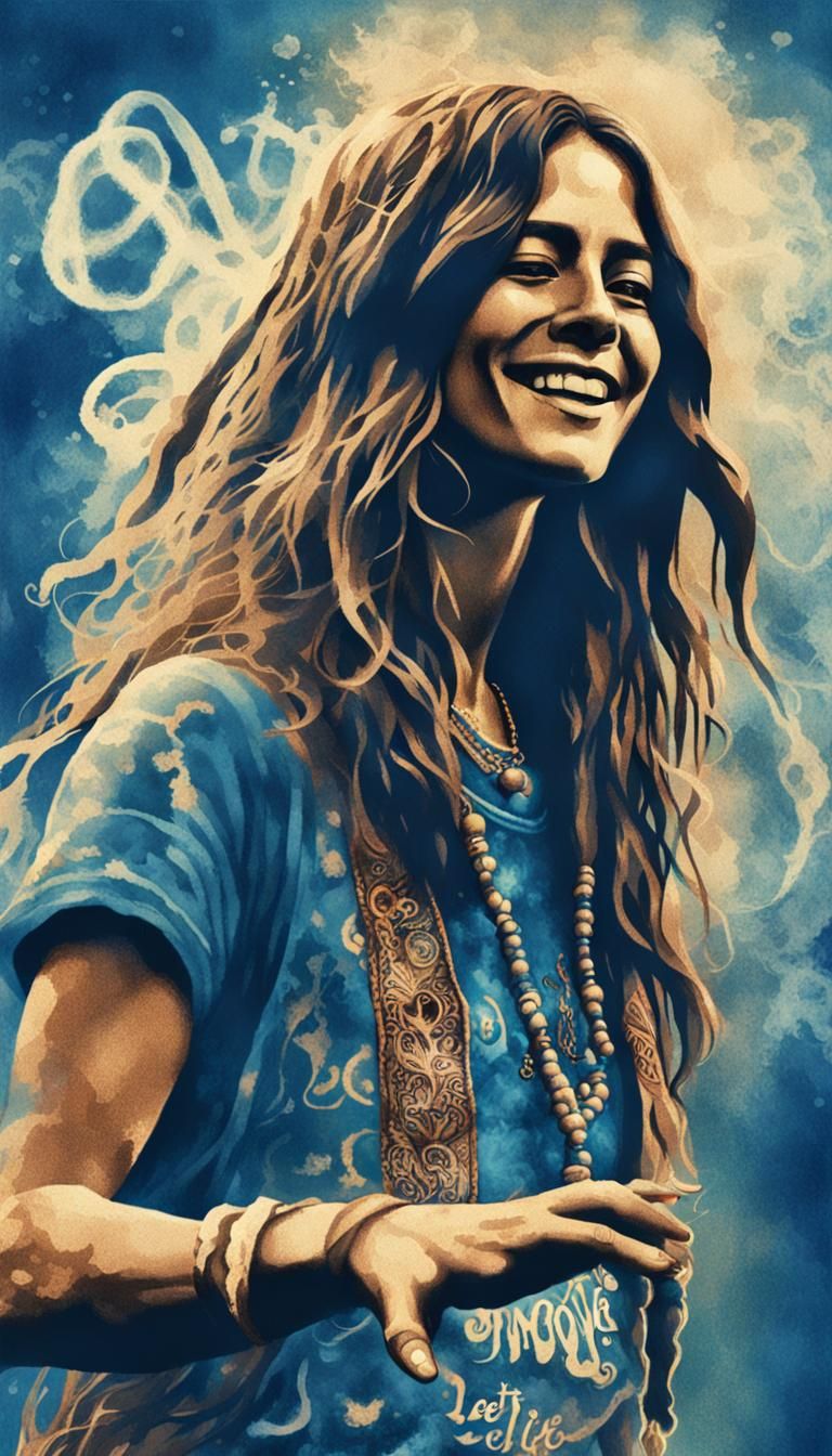 Hippy Woman Dancing with Crowd in Cyanotype Style