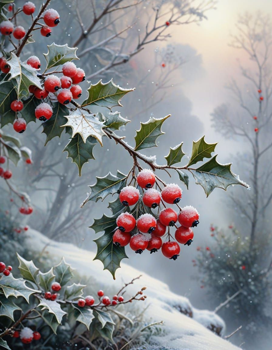 Realistic Holly Berries with Snow in Watercolour and Ink