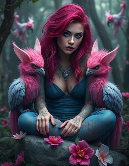 Woman with Chimeras in Magical Forest Glade