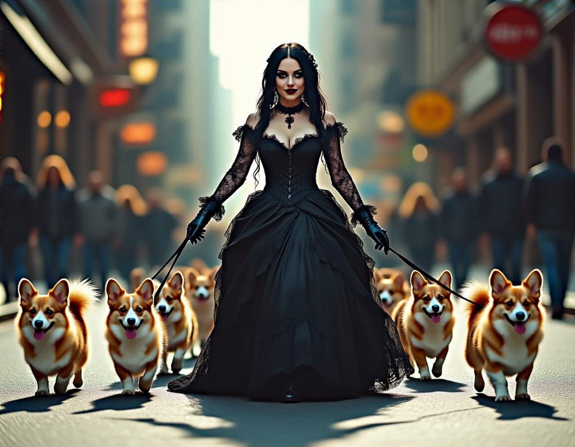Goth Woman Walked by Corgis on City Street
