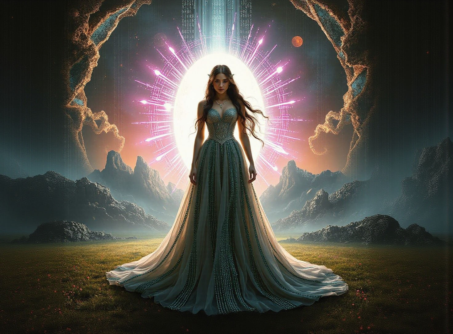 Digital Enchantress Before Portal in Art Nouveau Style