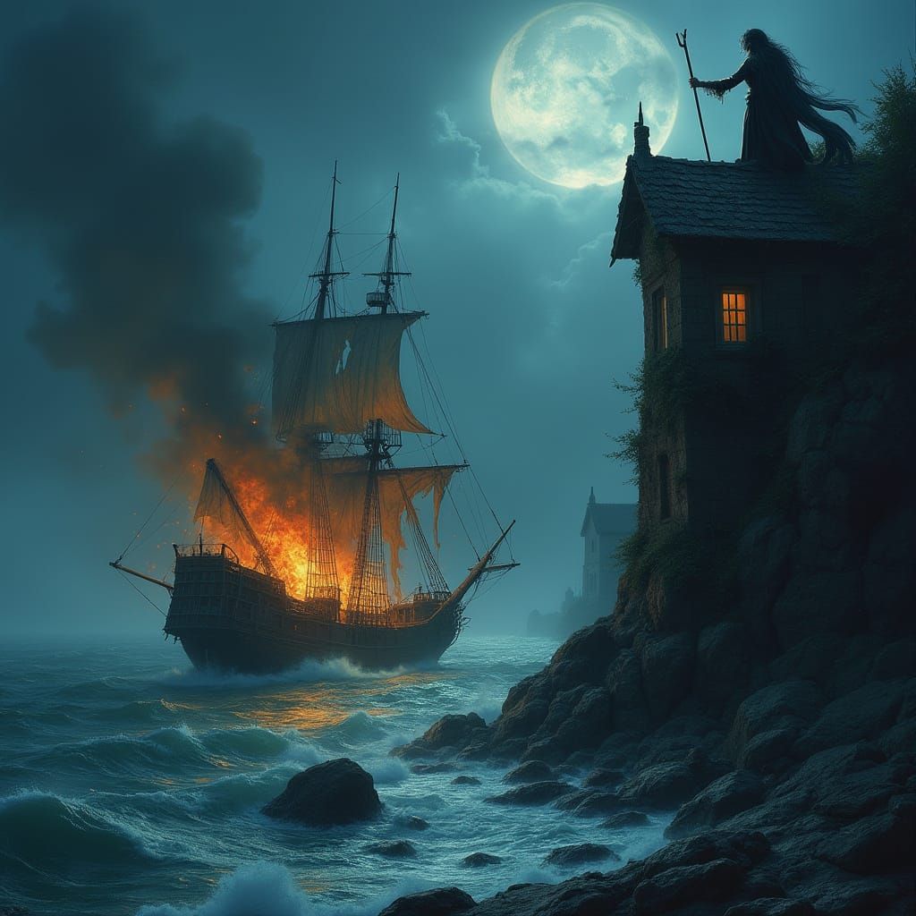 Moonlit Pirate Dock Ablaze with Wizardly Intervention