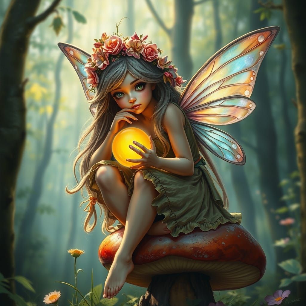 Forest Fairy with Glowing Orb, Hyperrealistic Oil Painting