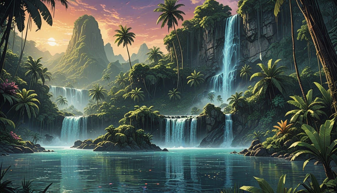 Vibrant Tropical Lagoon Scene in Comic Book Style