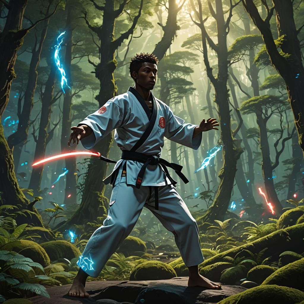 Karate Master in Bioluminescent Forest: Anime Style