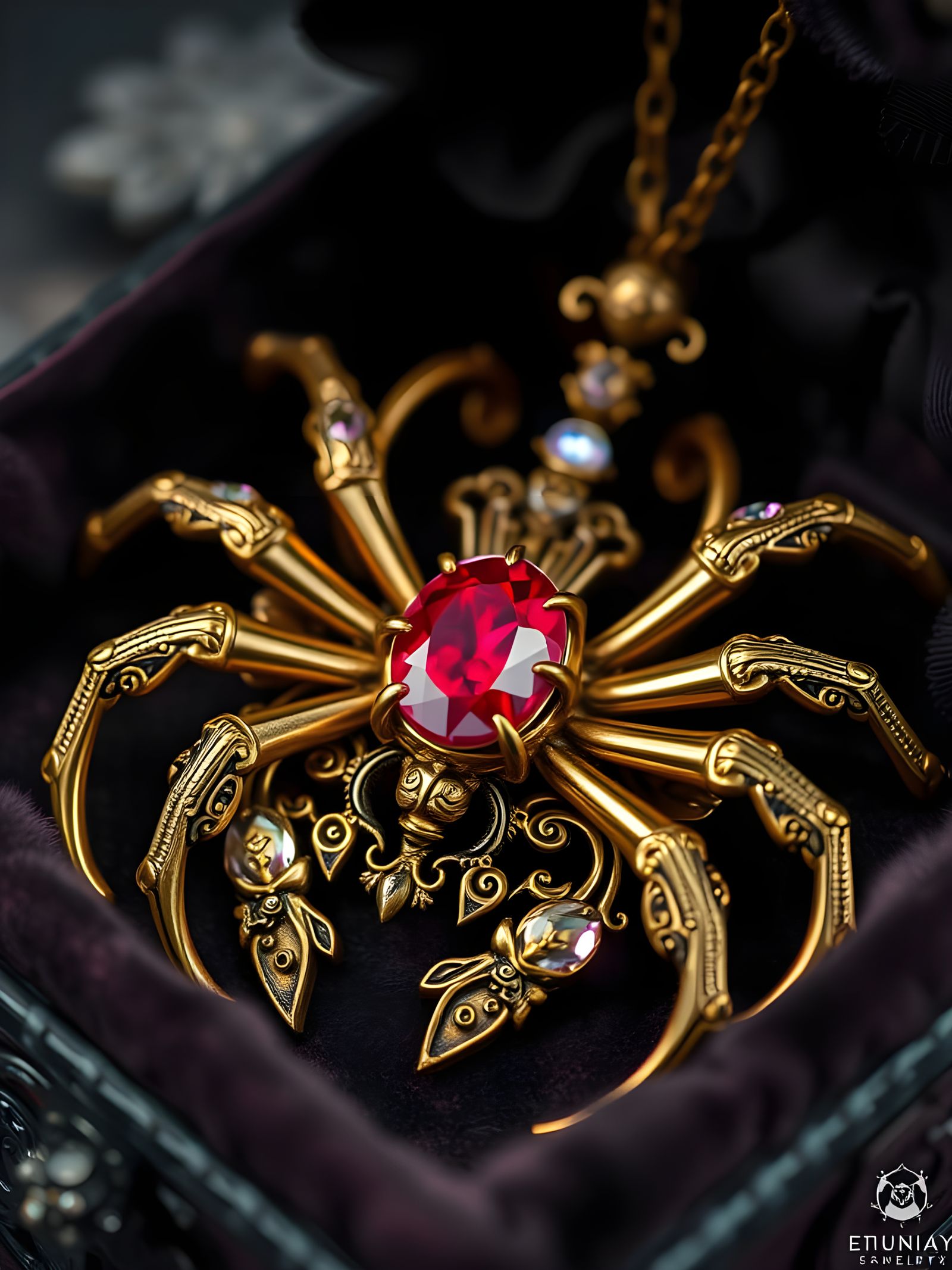 Majestic Gold Steampunk Spider Pendant with Ruby and Iridesc...