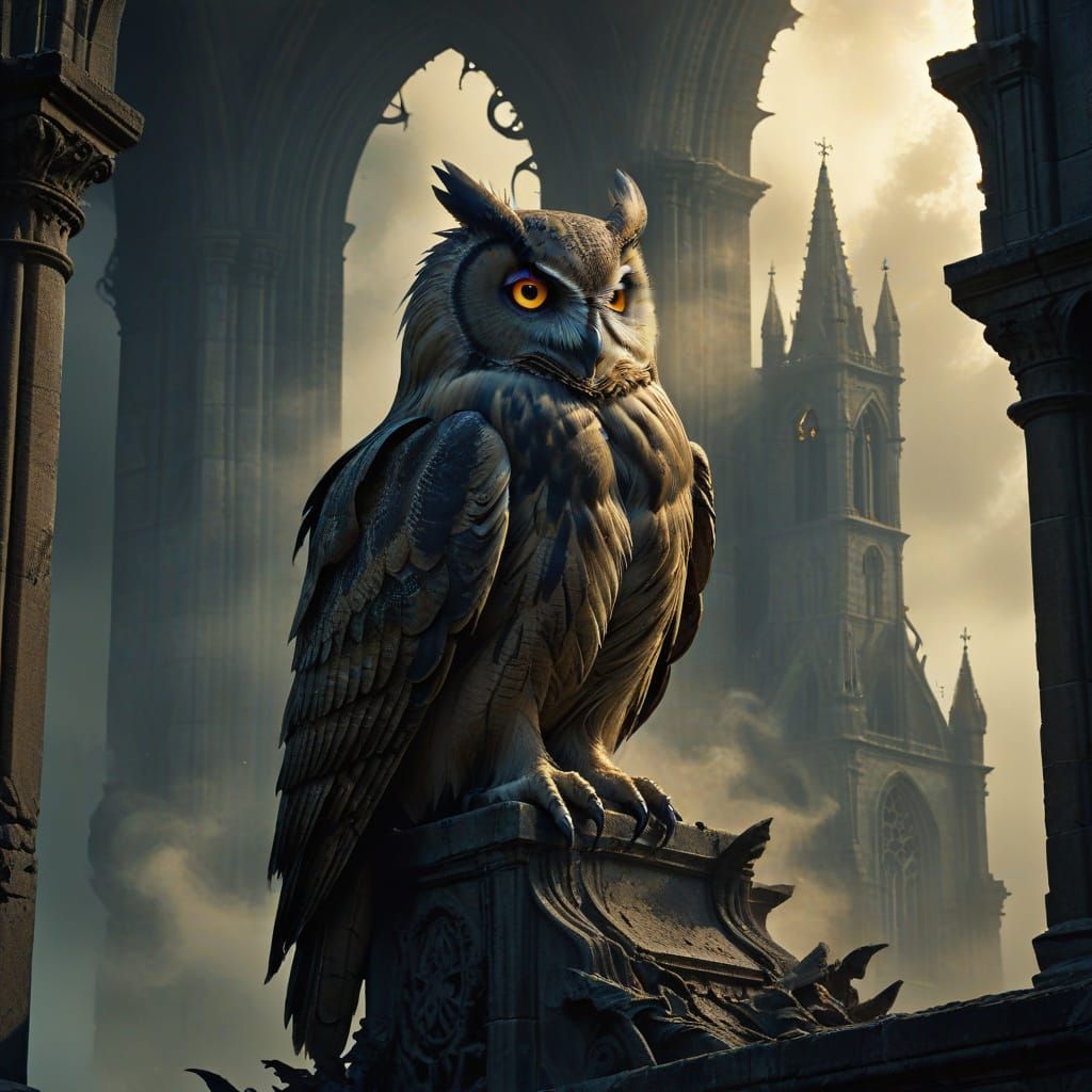 Gothic Owl Perched Atop Crumbling Cathedral