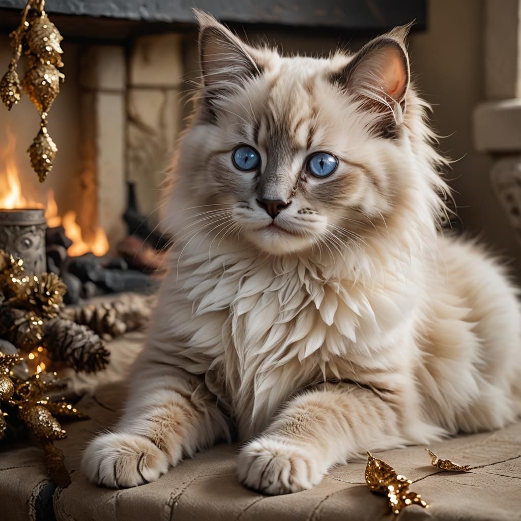 Cozy Ragdoll Kitten near Fireplace, Photorealistic