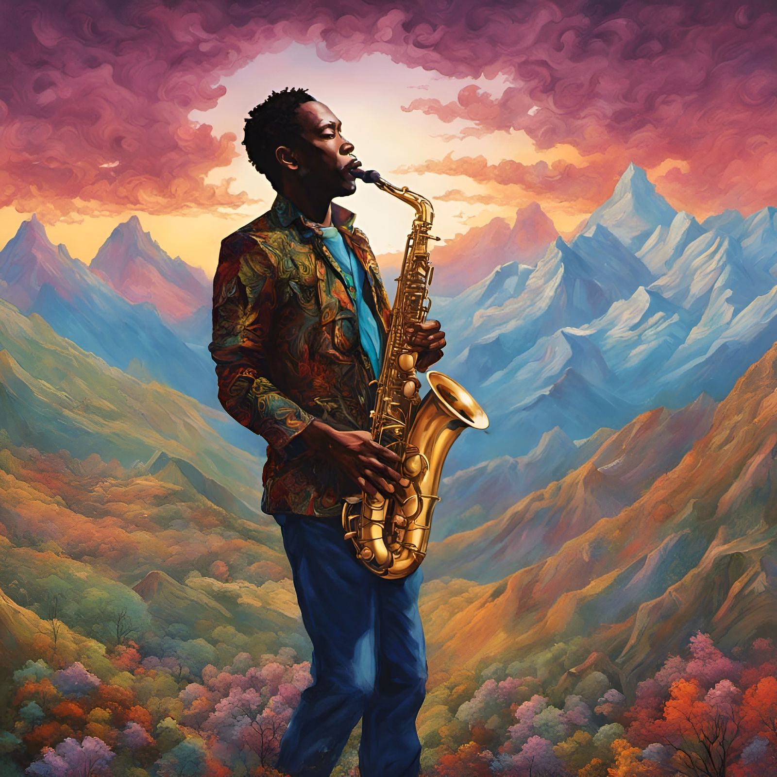 Saxophone Player on Mountain in Detailed Realism