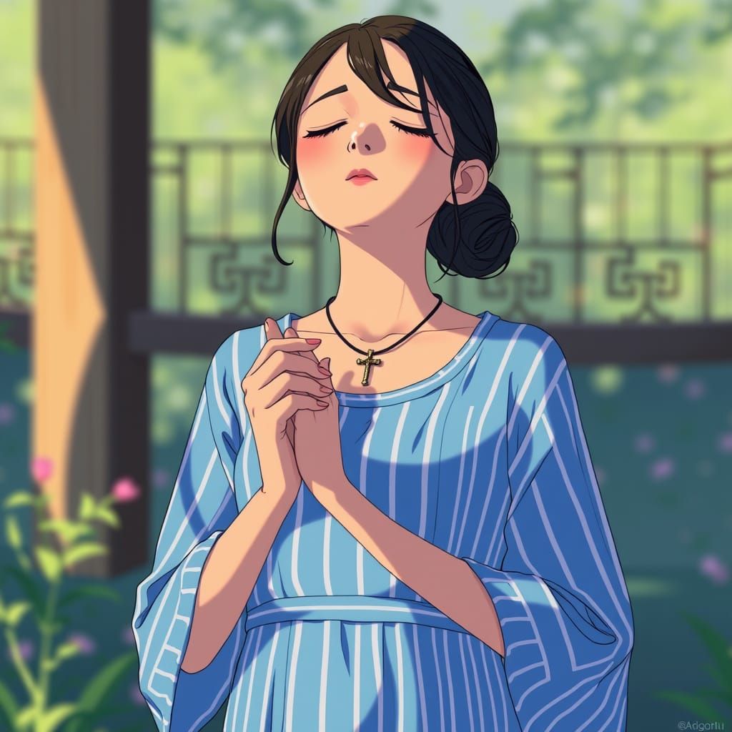 Woman Praying in Anime Style