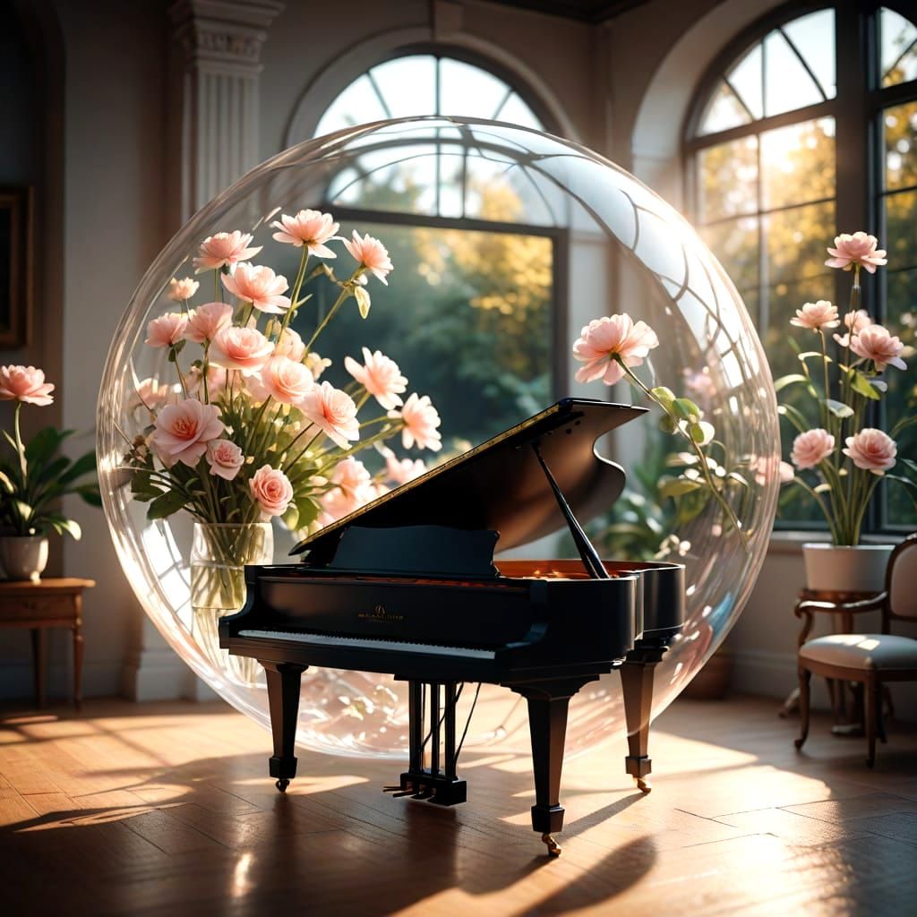 Surreal Piano Scene in a Glass Bubble with Soft Focus