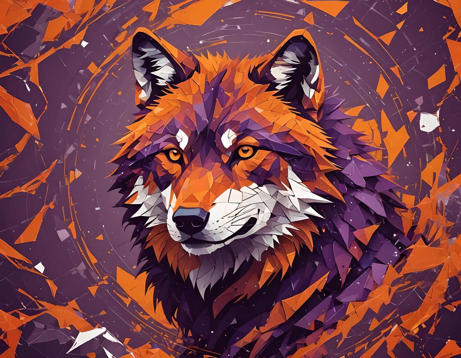 Shattered Glass Wolf: Vector Art in Orange and Purple