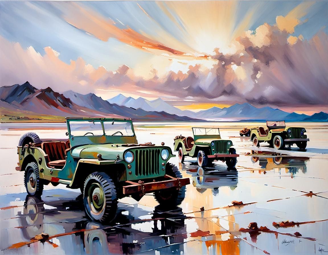 Willys Jeeps on Bolivian Salt Flat as Oil Painting