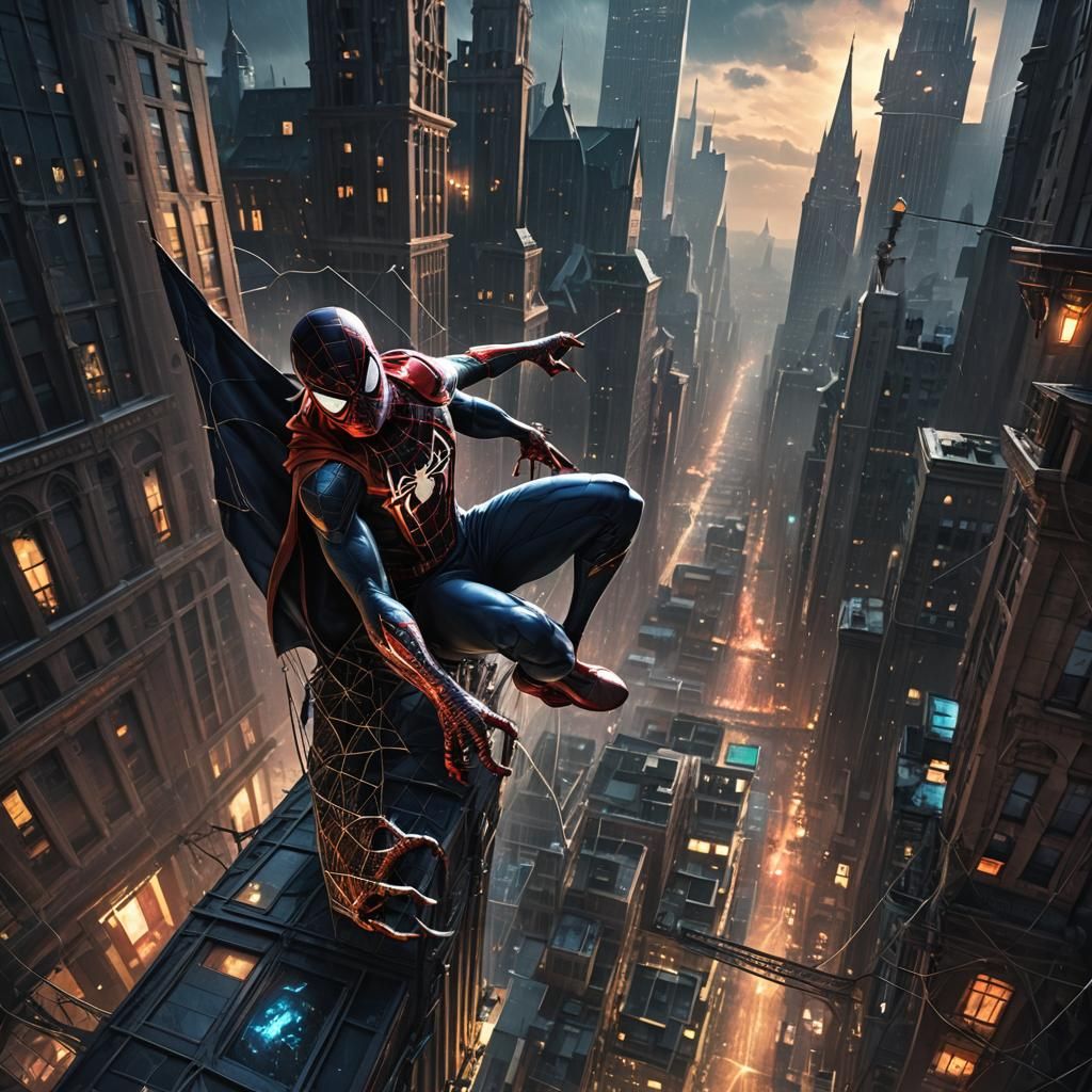 Spider-Man Web-Slinging on Gothic Skyscraper in Fantasy City