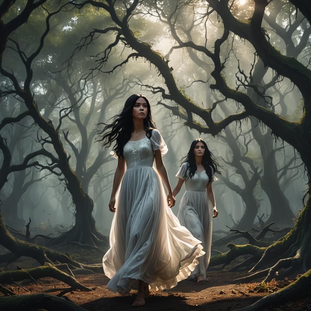 Pretty Girl in Haunted Forest: Hyper-Realistic Digital Art