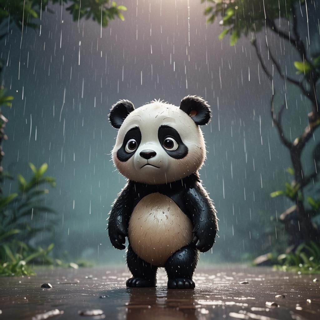 Sad Panda with Big Eyes in the Rain