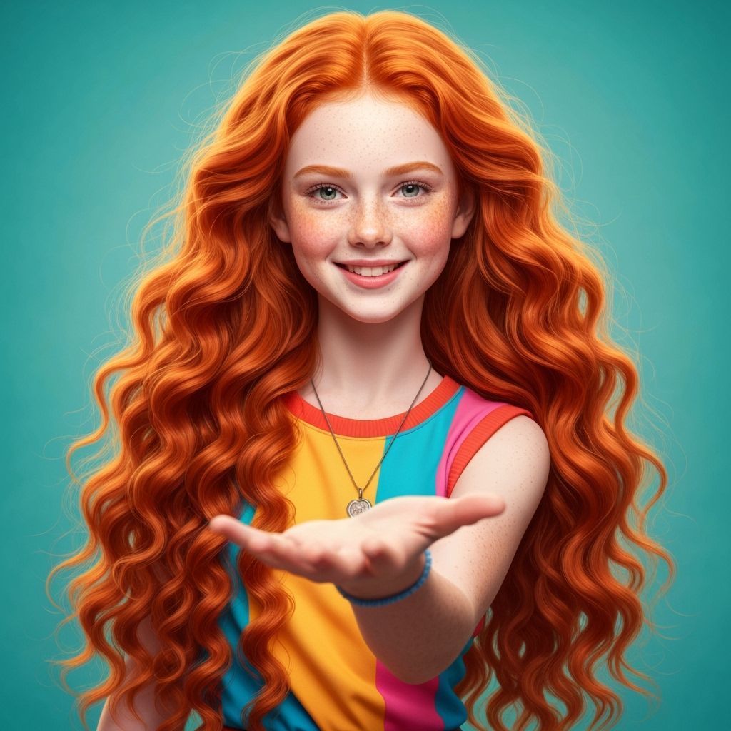 Red-Haired Girl with Freckles Holds Out Her Hand
