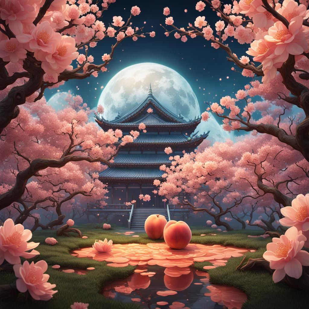 Peach Surrounded by Blossoms in Detailed Line Art