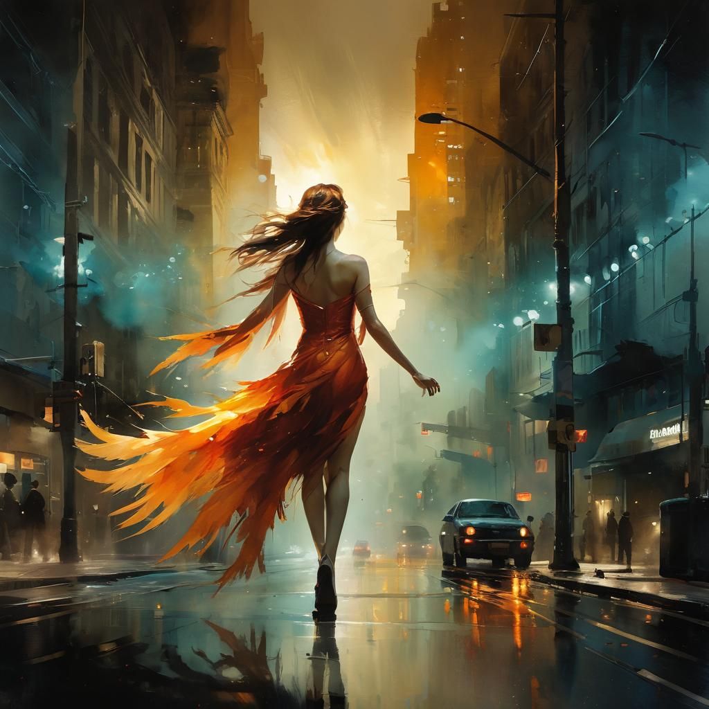 A desperate girl runs along the city's busy street