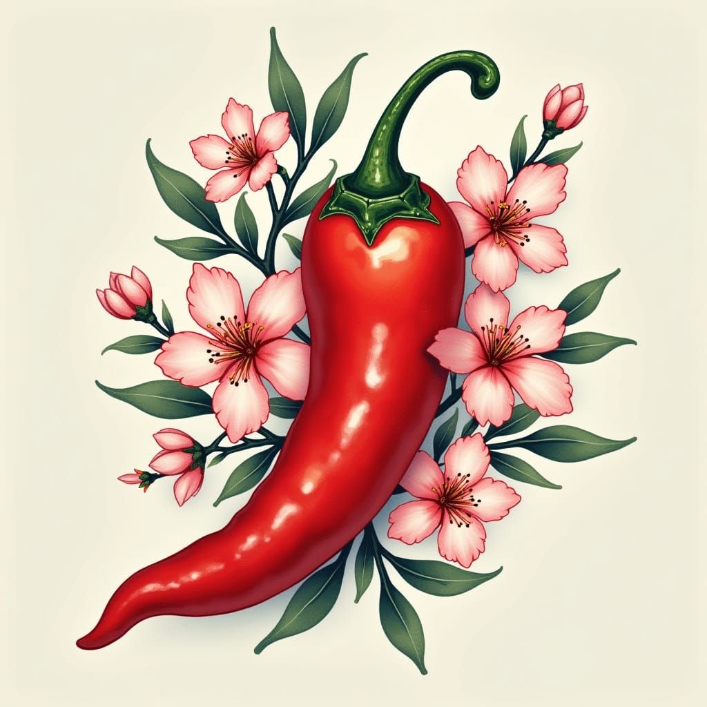 Vibrant Red and Green Chili Pepper Tattoo in Traditional Jap...