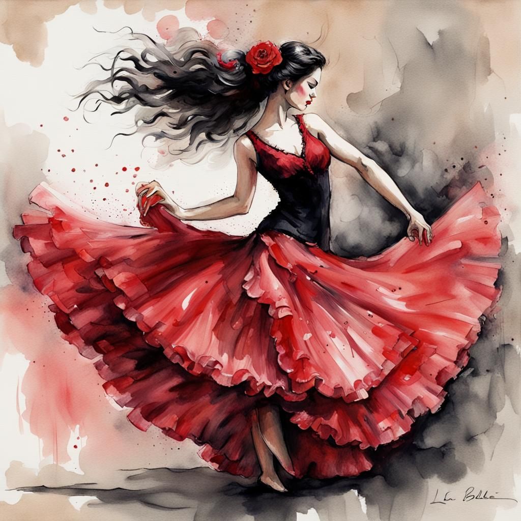 Flamenco Dancer in Watercolor Ink Style