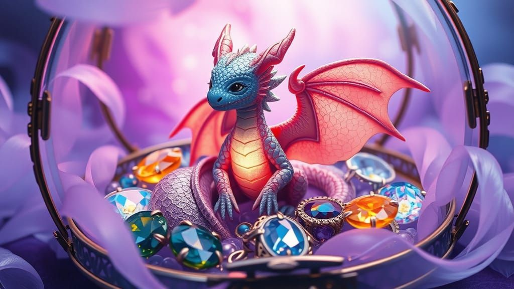 A cute miniature baby dragon sitting in a glass jewelry box ...