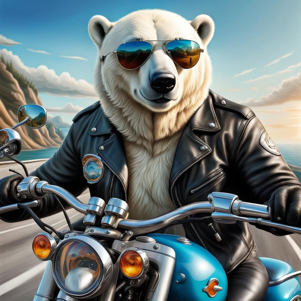Polar Bear on Motorcycle: Hyperdetailed Airbrush Art