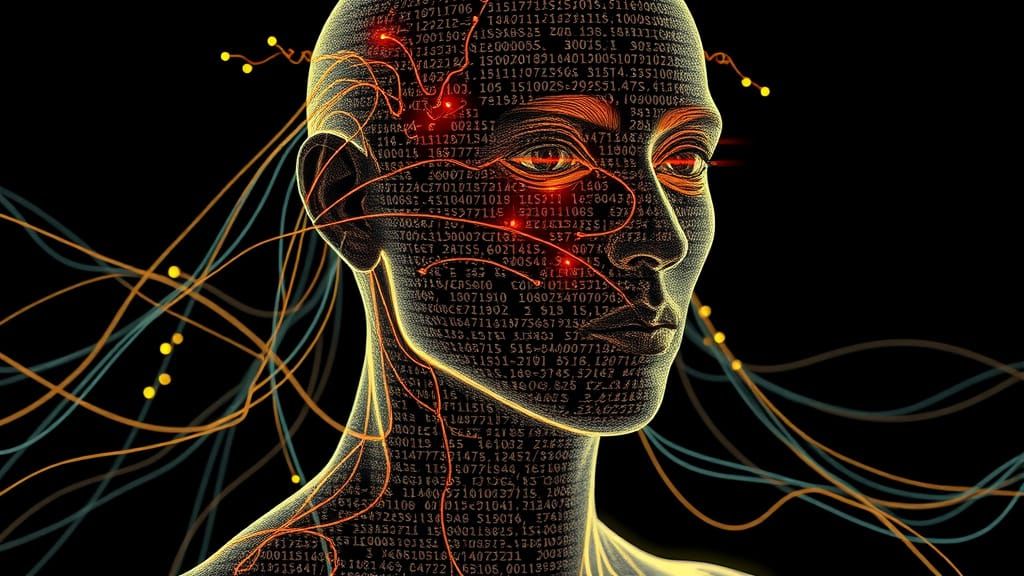 Human Form Made of Luminous Binary Code