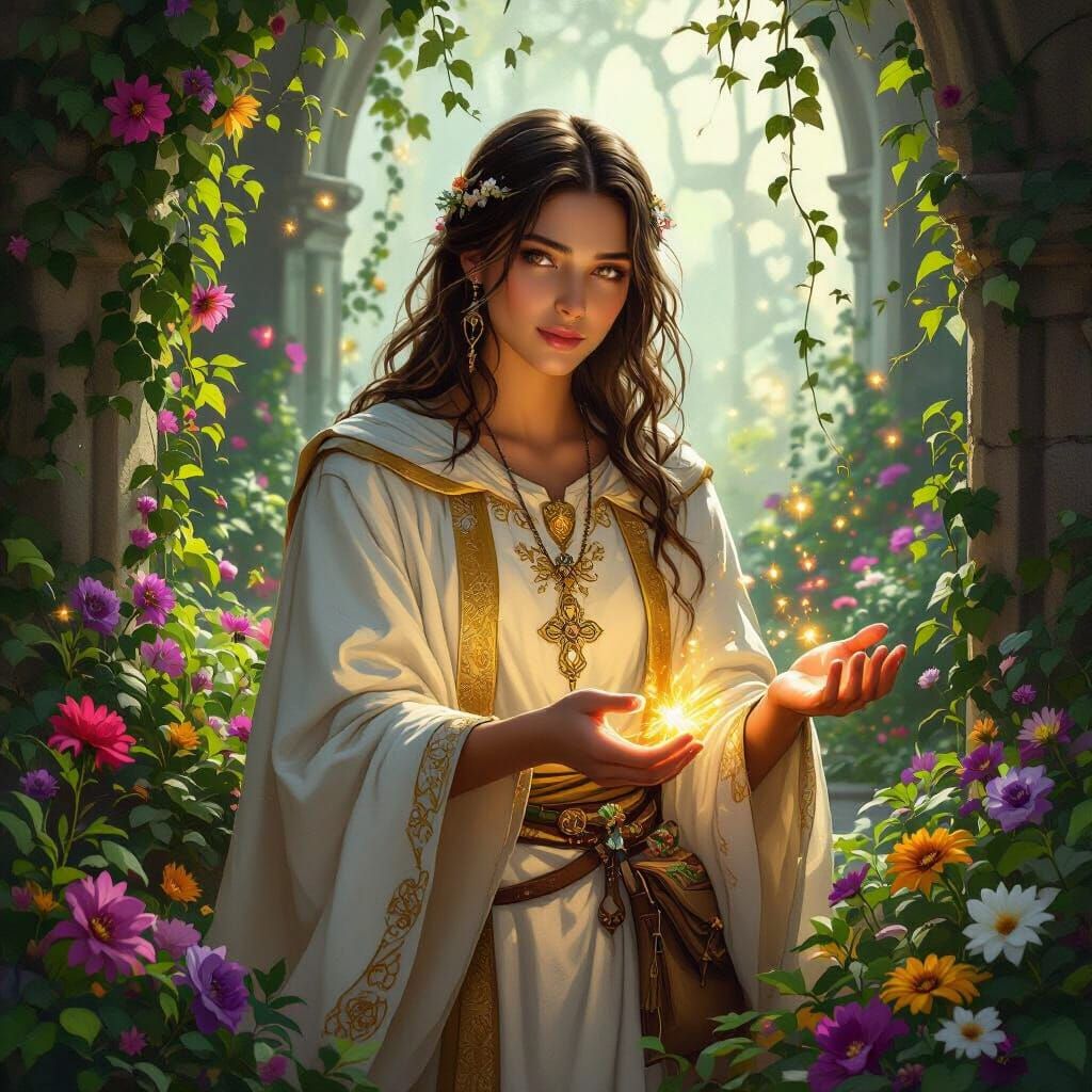 Healer in Ruined Shrine with Glowing Hands