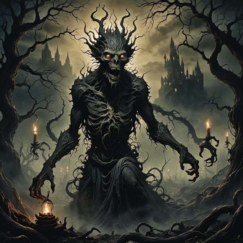 Grotesque Creature Emerges in Dark Fantasy Landscape