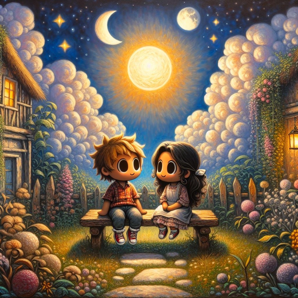 Chibi Friends in Cottage Garden: Digital Oil Painting