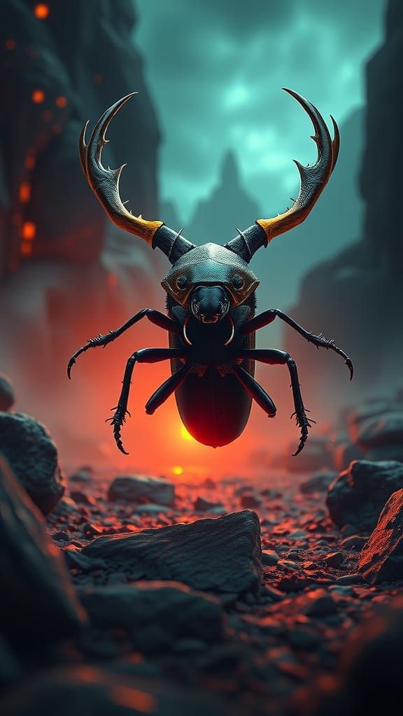 Surreal Beetle Creature in Extravagant Landscape