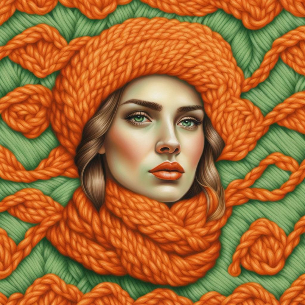 Hyperrealistic Woollen Face in Orange and Green