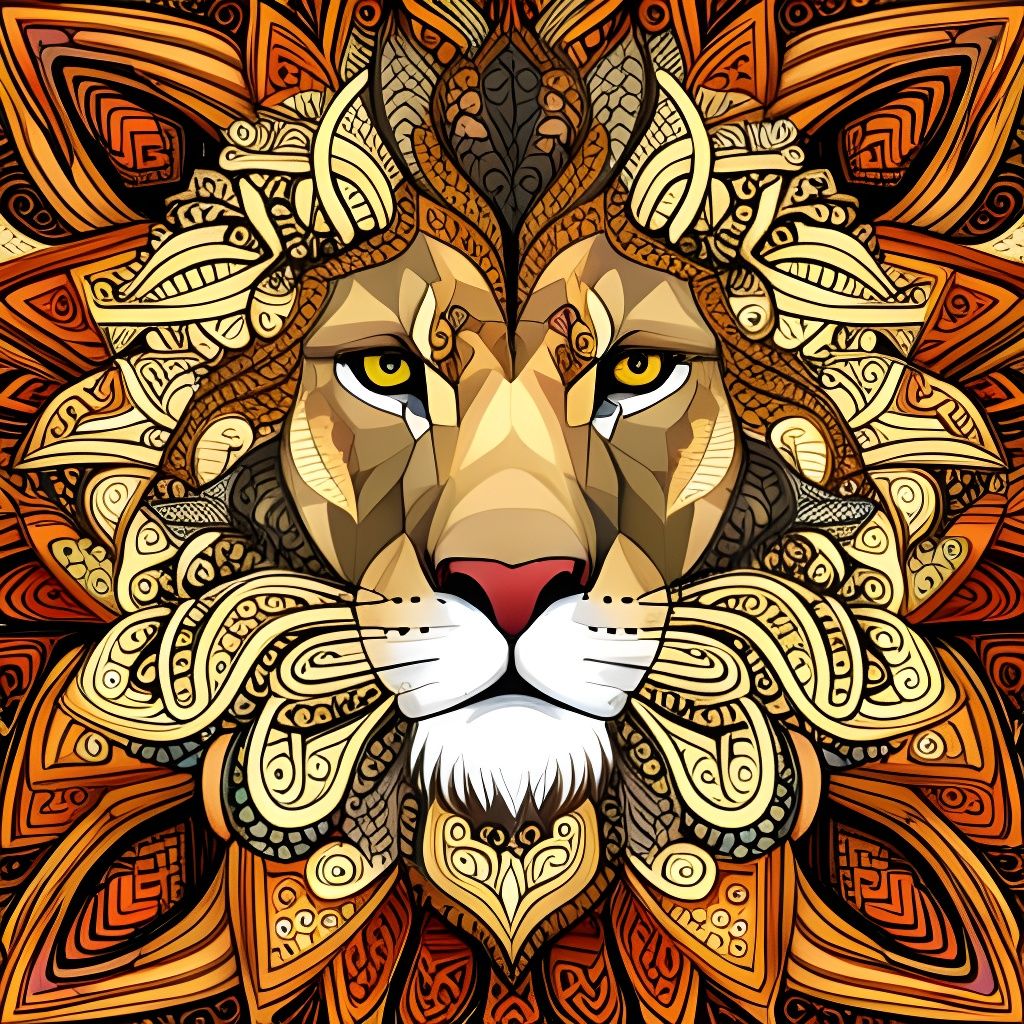 Monochrome Zentangle Lion with Abstract Fractal Design