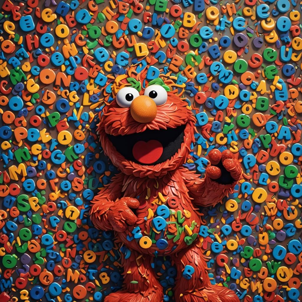 Hyperrealistic Elmo with Alphabet in Splash Art Style