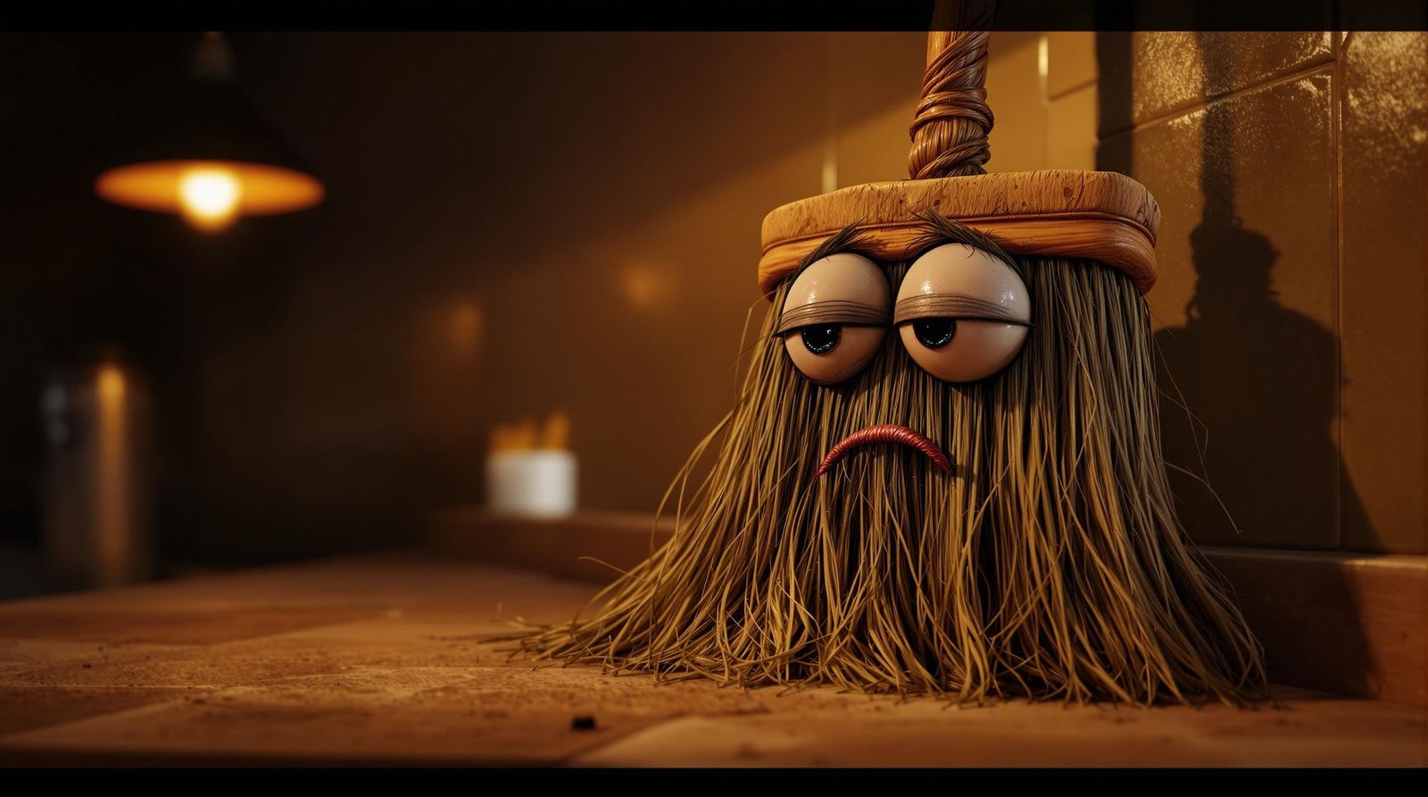 Sleepy Broom in Kitchen at Night