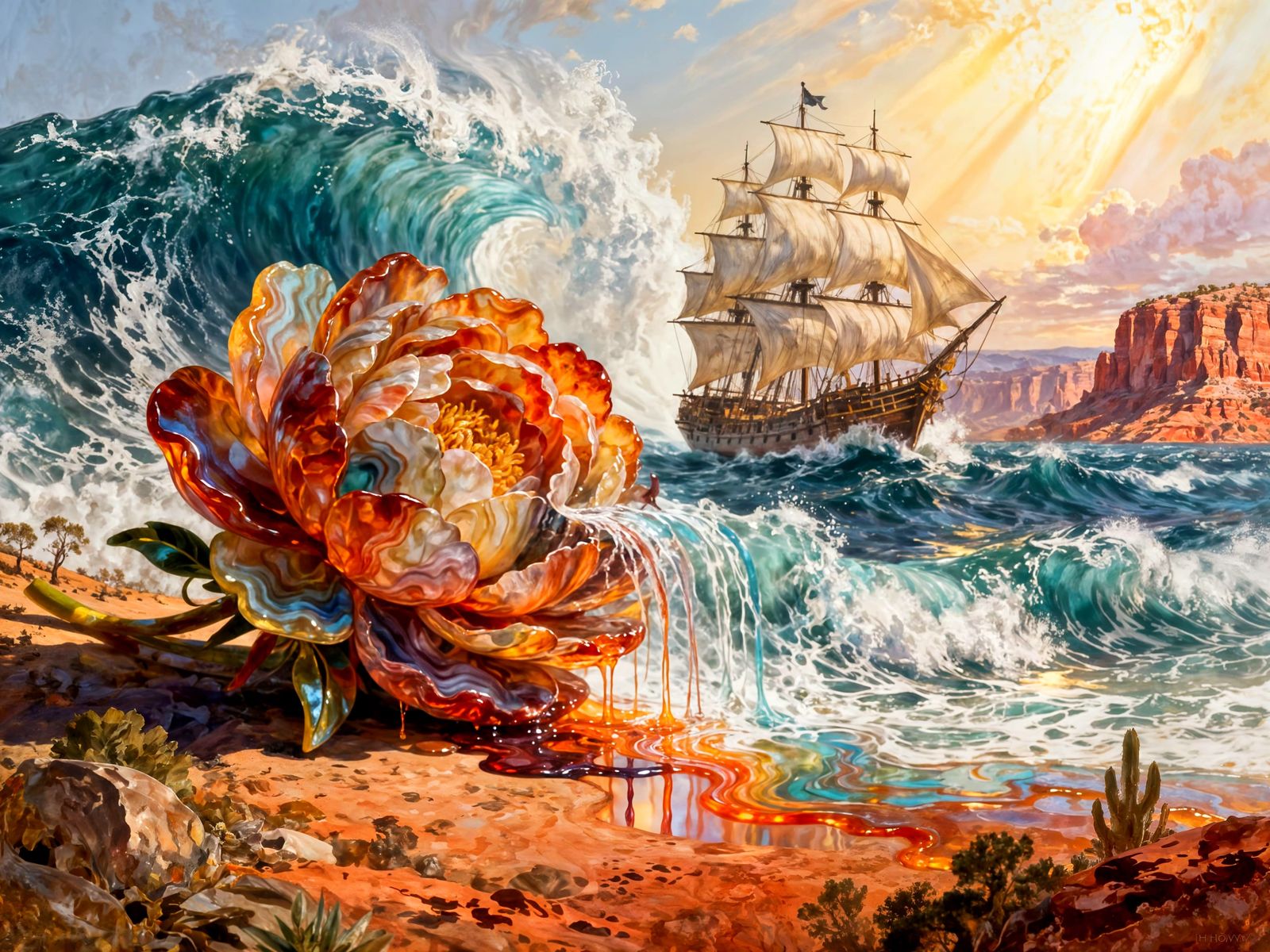 Fire Agate Peony Meets Pirate Ship in Desert