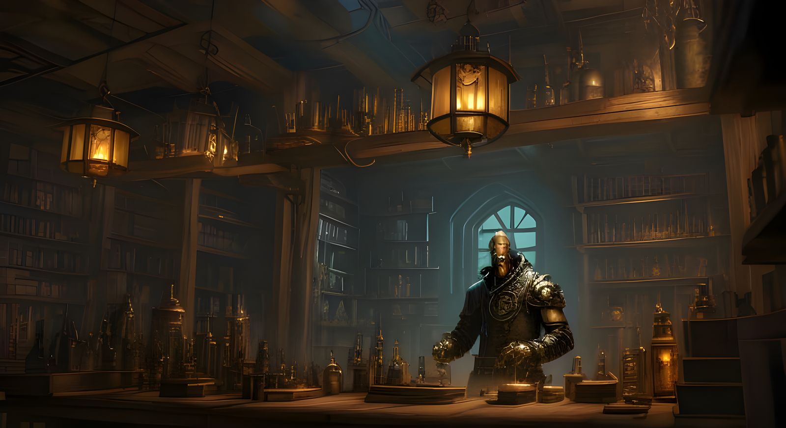 mechanical steampunk alchemist in the laboratory