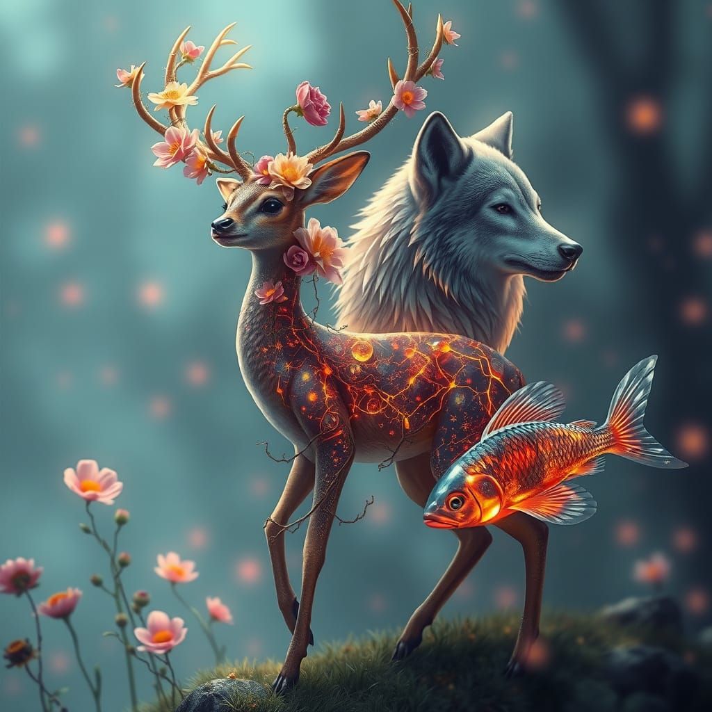 A delicate deer with a body composed of blooming florals and twisting vines, a wolf with a molten lava coat and glowing ...