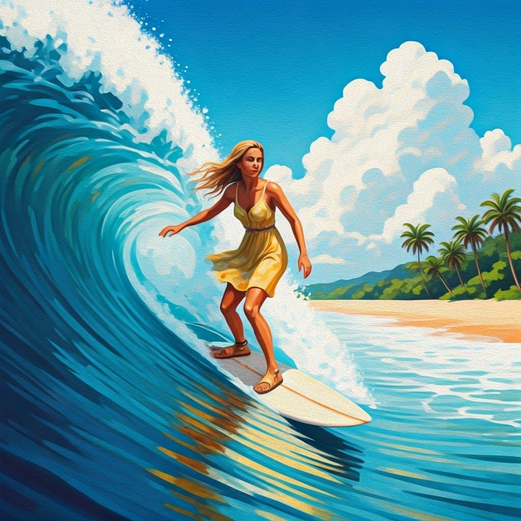 Woman Surfing in Yellow Dress, Impasto Style