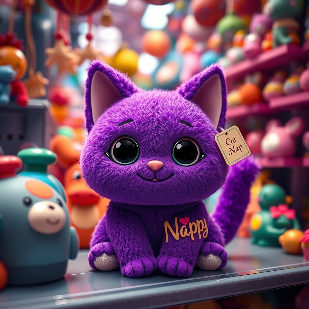 Whimsical Purple Cat Doll in Dreamlike Toy Store