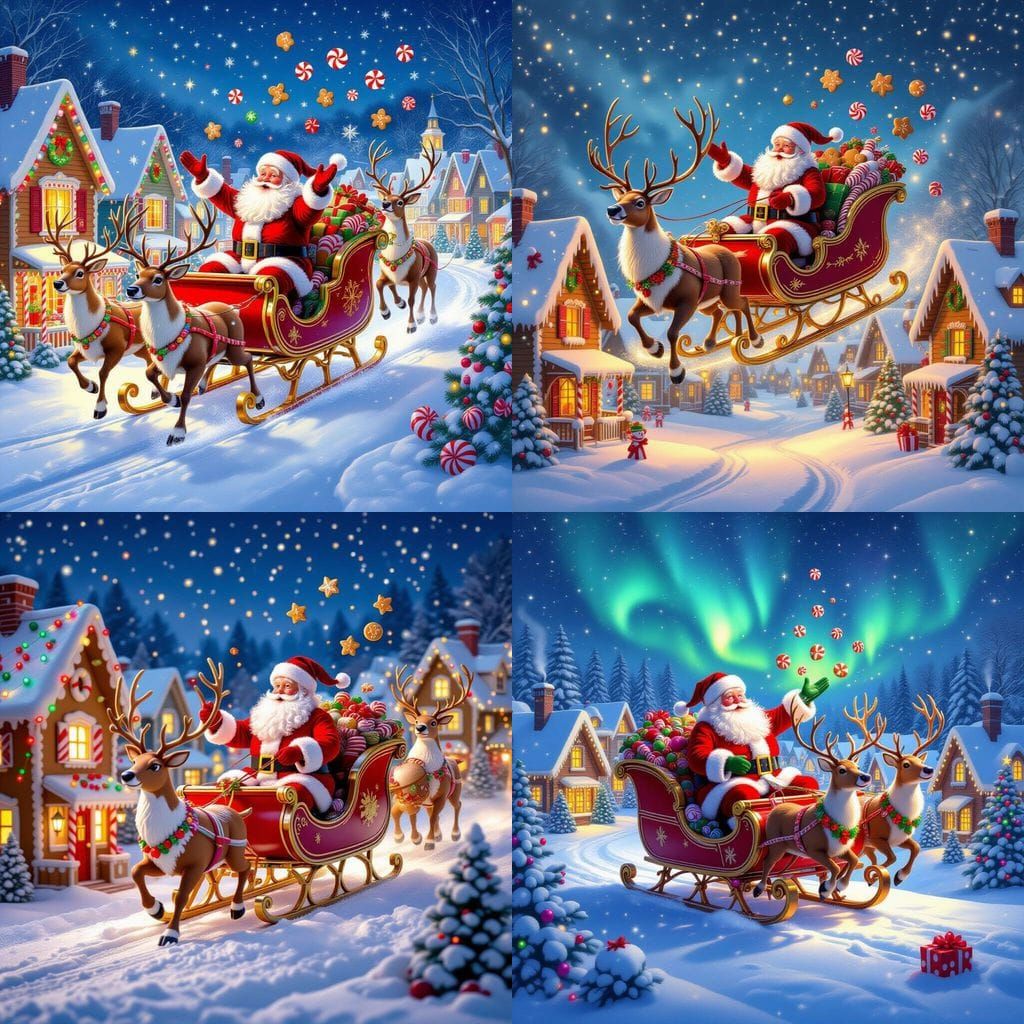 Hyperrealistic Santa Flying Sleigh Over Gingerbread Village
