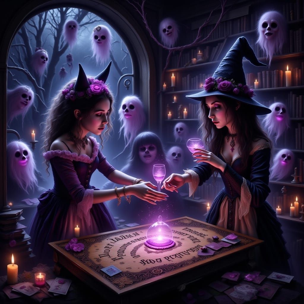 Cozy Gothic Séance with Witch and Ghosts