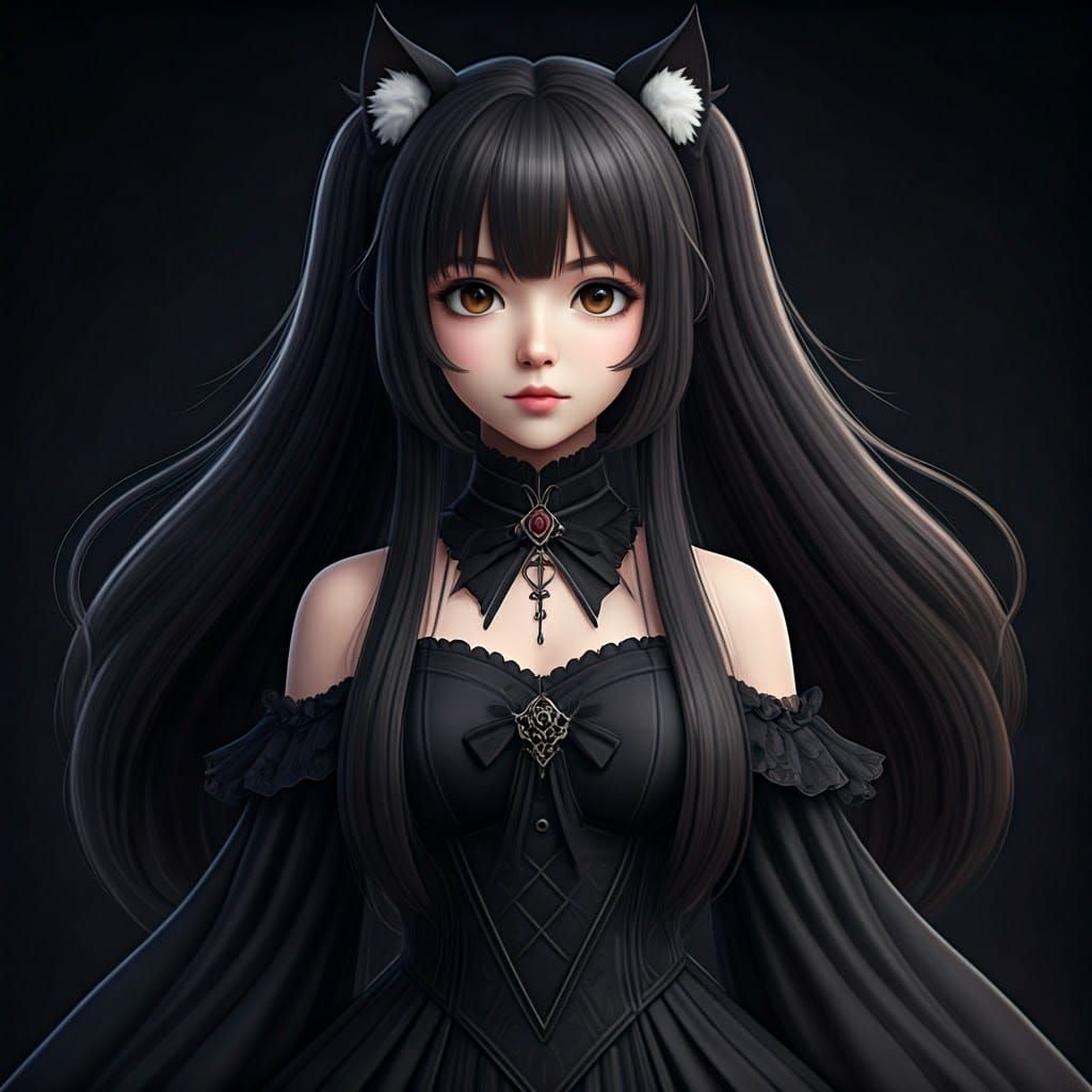 Elegant Anime Goddess in Black Gothic Lolita