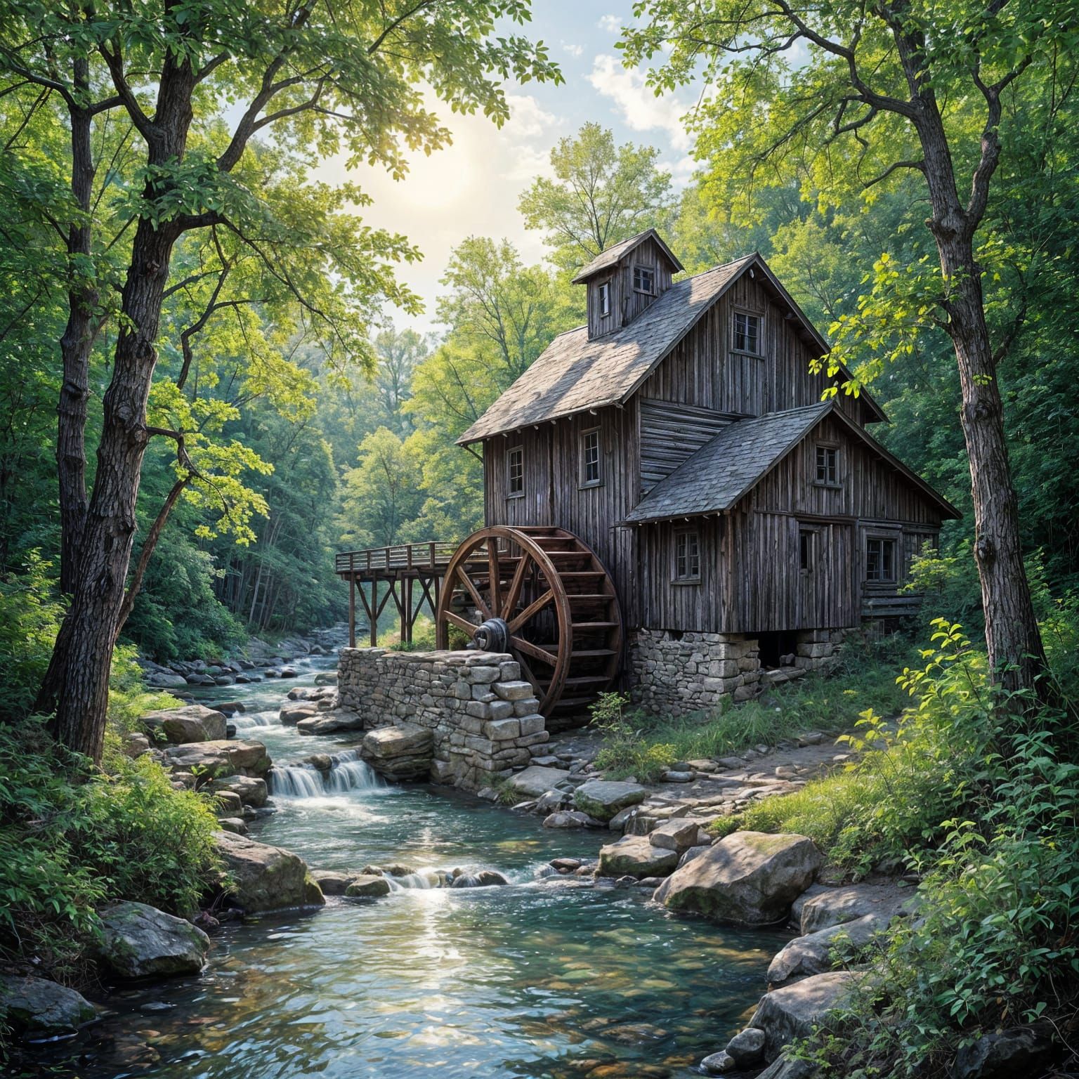 Old Sawmill by Creek with Sunlit Overgrowth