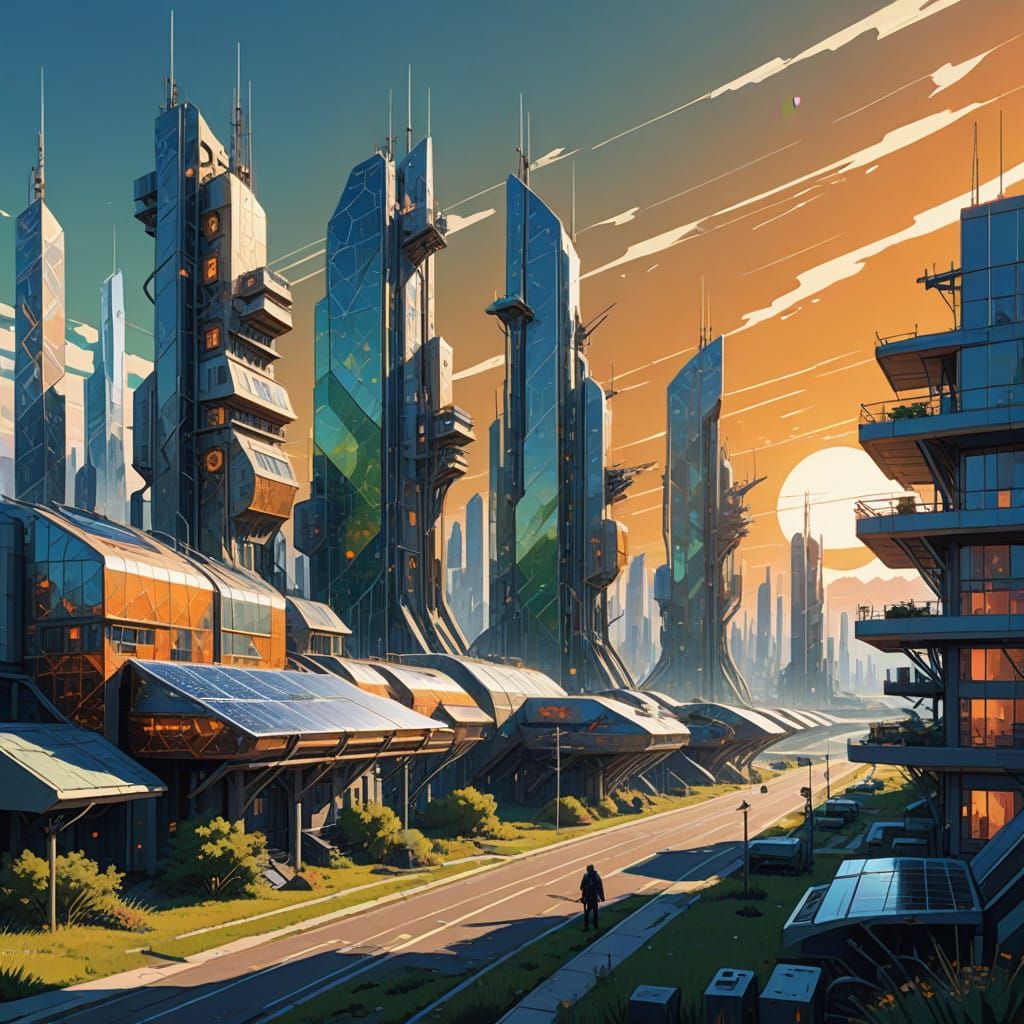 Solarpunk Utopia: Futuristic Cityscape with Solar Panels and...