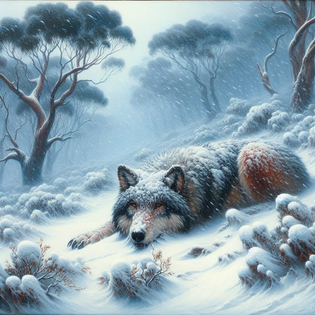 Wolf in Serene Snowy Blizzard, Romantic Oil Painting