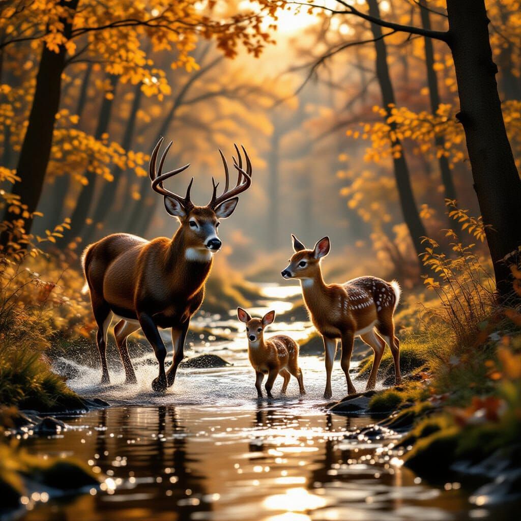 Majestic Deer Family in Autumn Forest Stream