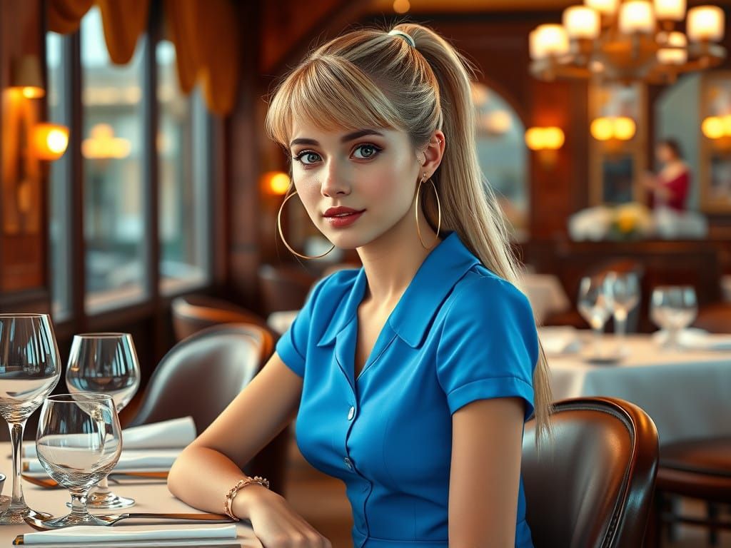 Elegant Young Woman in Blue Dress Sitting in Upscale Restaur...