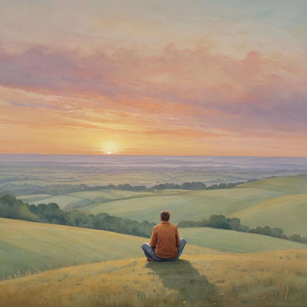 Watercolor Solitary Figure on Misty Hill